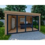 Bureau de jardin en bois massif 11,8m² – madriers 40mm traités teinté marron Gardy Shelter – Image 4