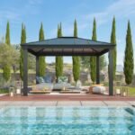 pergola-bioclimatique-aluminium-anthracite-1080m-toit-avec-lames-ovales-5-panneaux-moucharabieh-gris-pour-cote-360m-habrita …. – Image 3