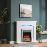 Endeavour Fires New Cayton Electric 42"Fireplace Suite, fitted with Chrome Trim and Fret, 220/240Vac 1&2kW with 7 day Programmable Remote Control Heater in off white MDF Surround – Image 2